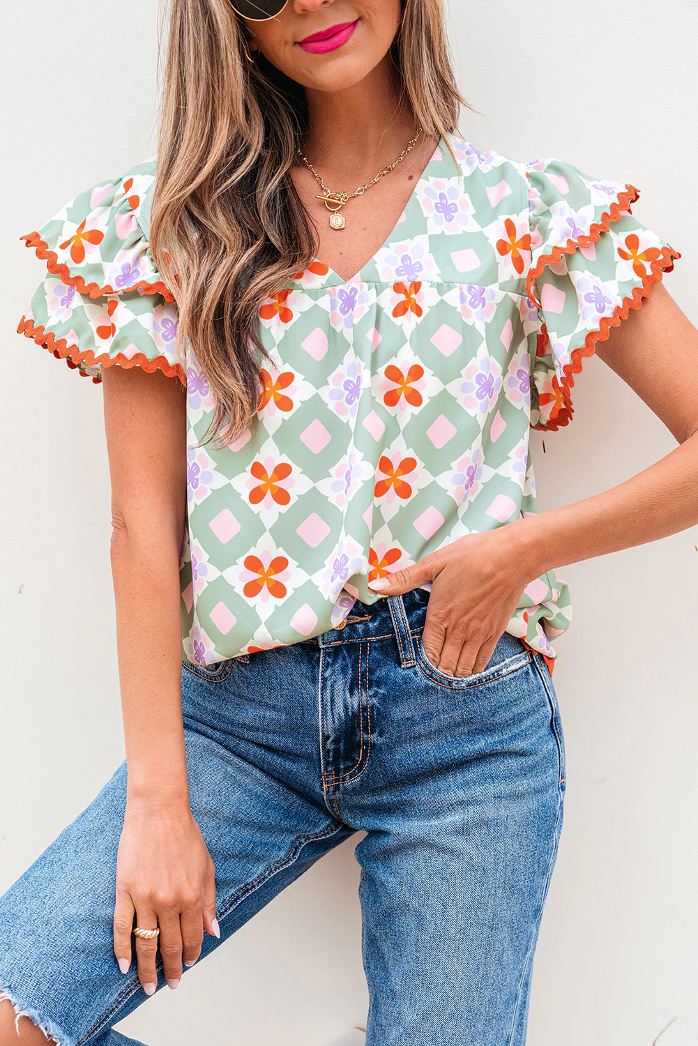 Threaded Pear Women's Belen Floral Layered Flutter Sleeve Rac Trim Blouse
