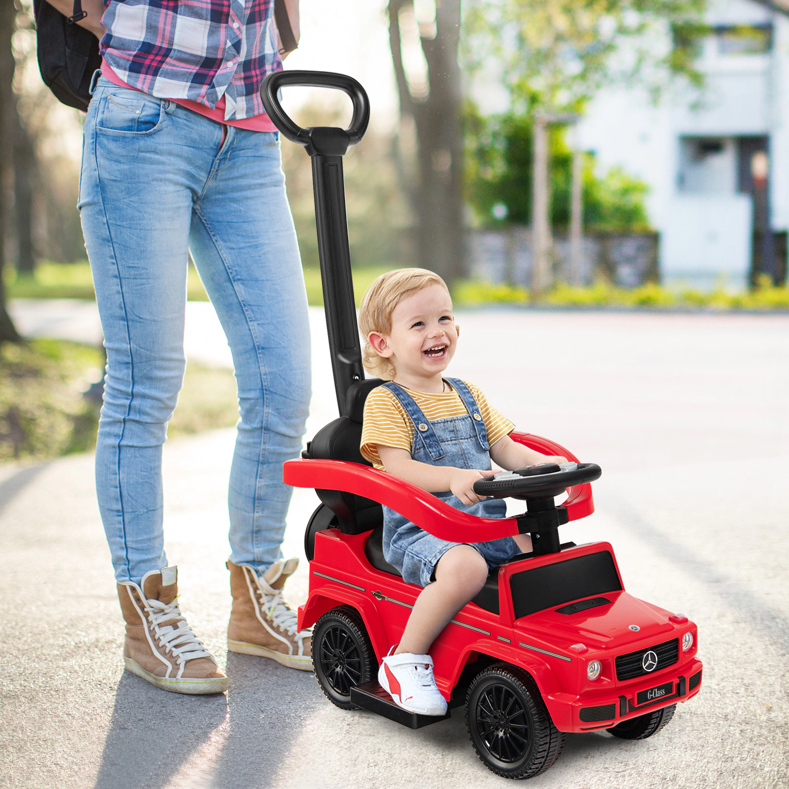 SUGIFT Toddler Red 3-in-1 Ride On Push Car with Sun Canopy and Guardrails 34.3-in W 37.4-in H 55-lb Seat Capacity