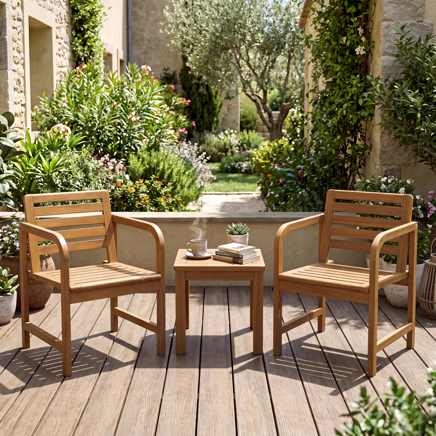 LJG Natural Wood Patio Armchair with Slanted Back and Slatted Seat