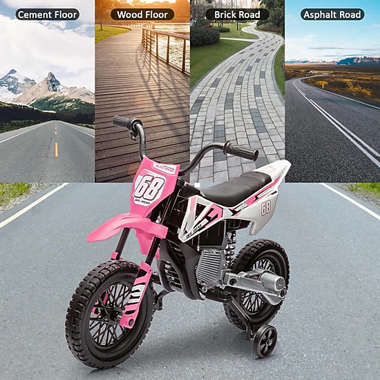 Enjyam 12V Kids Electric Motorcycle w/Training Wheels, Dirt Bike Ride On Toy w/Twist Throttle, Music, 3 MPH Max