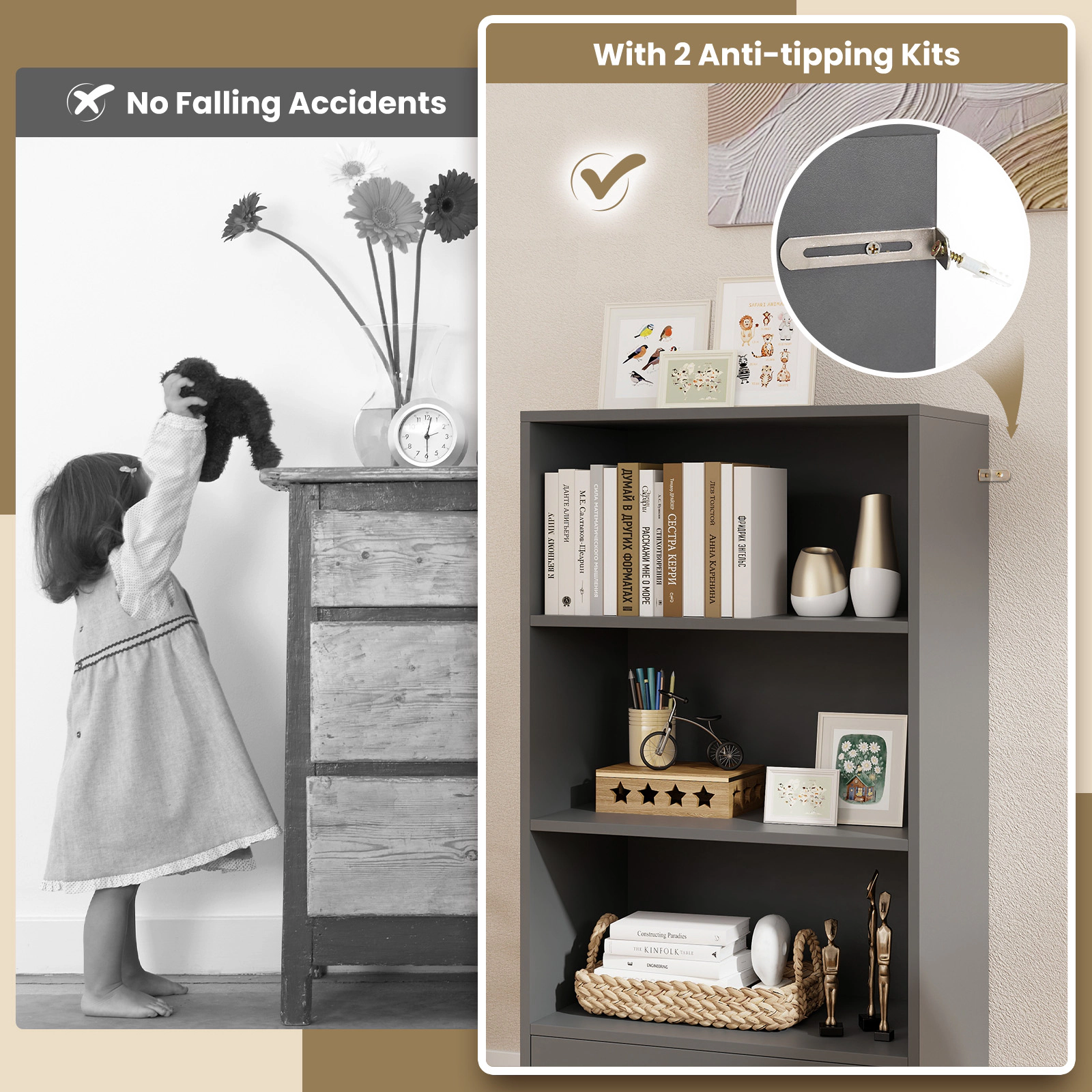 SUGIFT 4-Tier Gray 42.5-in Bookshelf with Drawer 3 Open Shelves 2 Anti-Toppling Kits and 88-lb Top