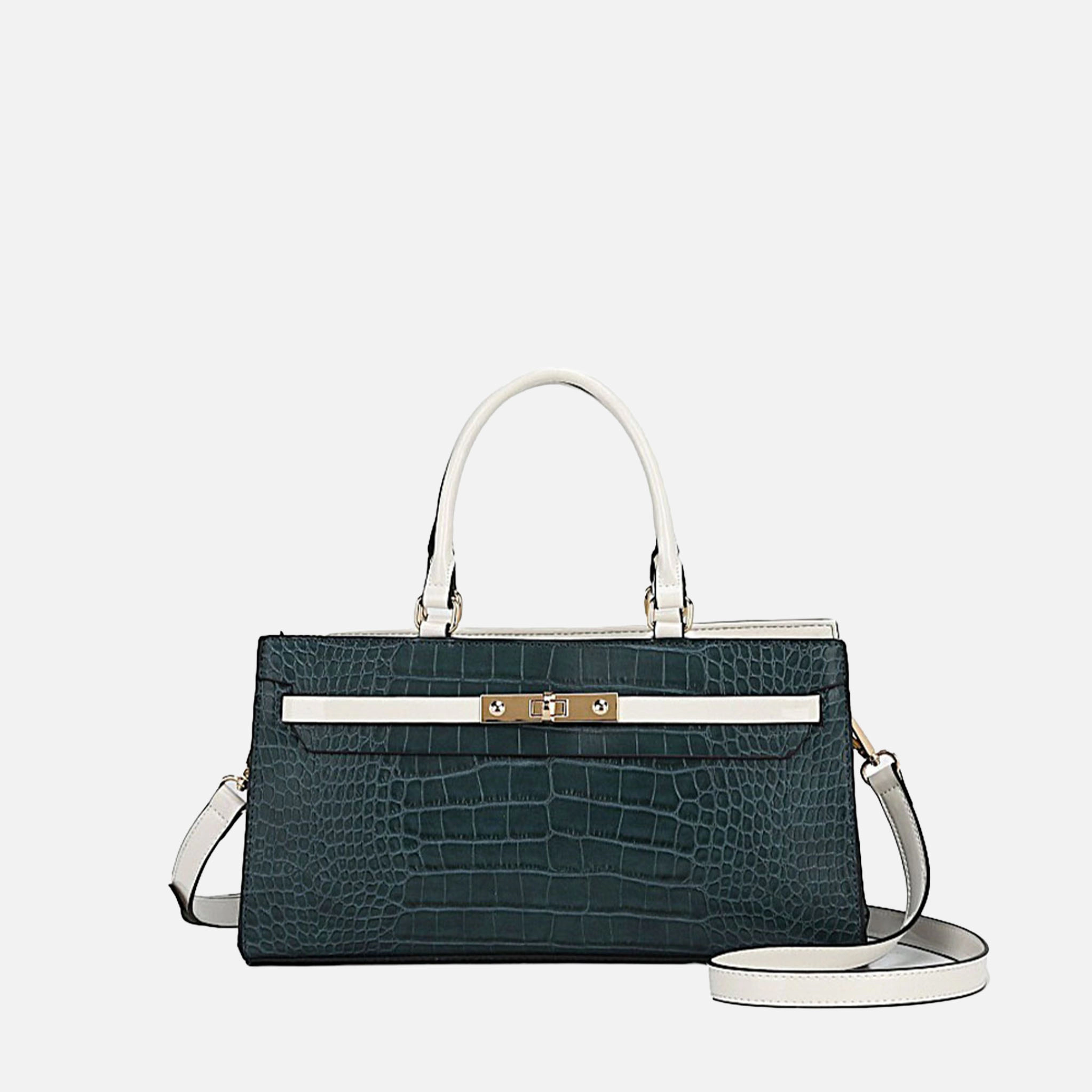 Faux Crocodile-Embossed Wide Satchel with Turn-Lock Clasp