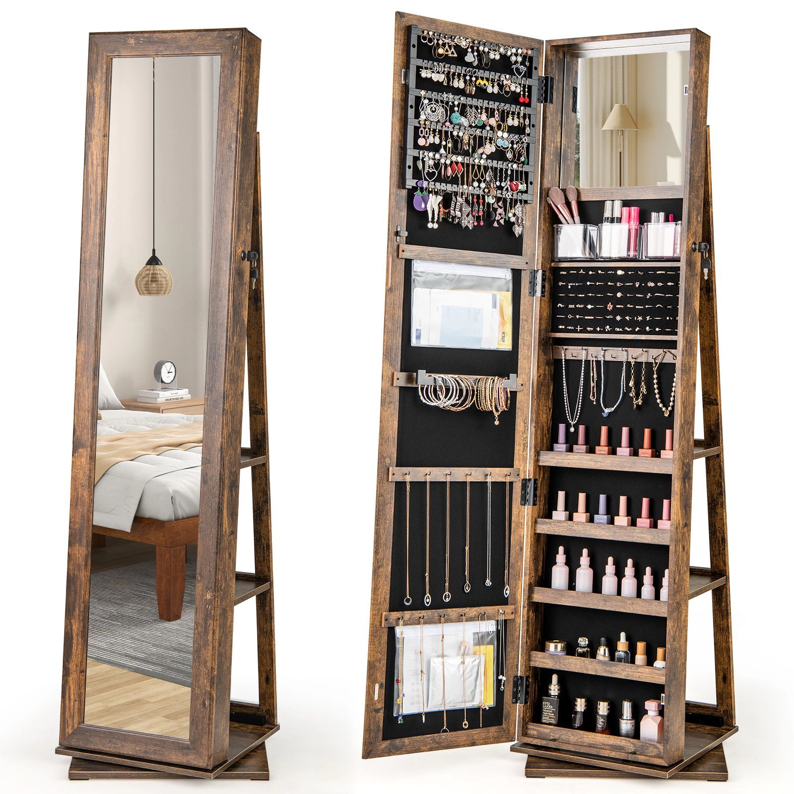 SlickBlue Women's 3-in-1 Swivel Jewelry Armoire with Full-Length Mirror