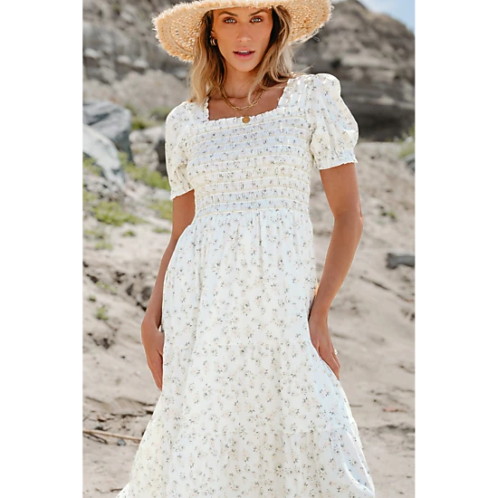 Threaded Pear Women's Robin Frilly Shirred Bodice Tiered Floral Maxi Dress