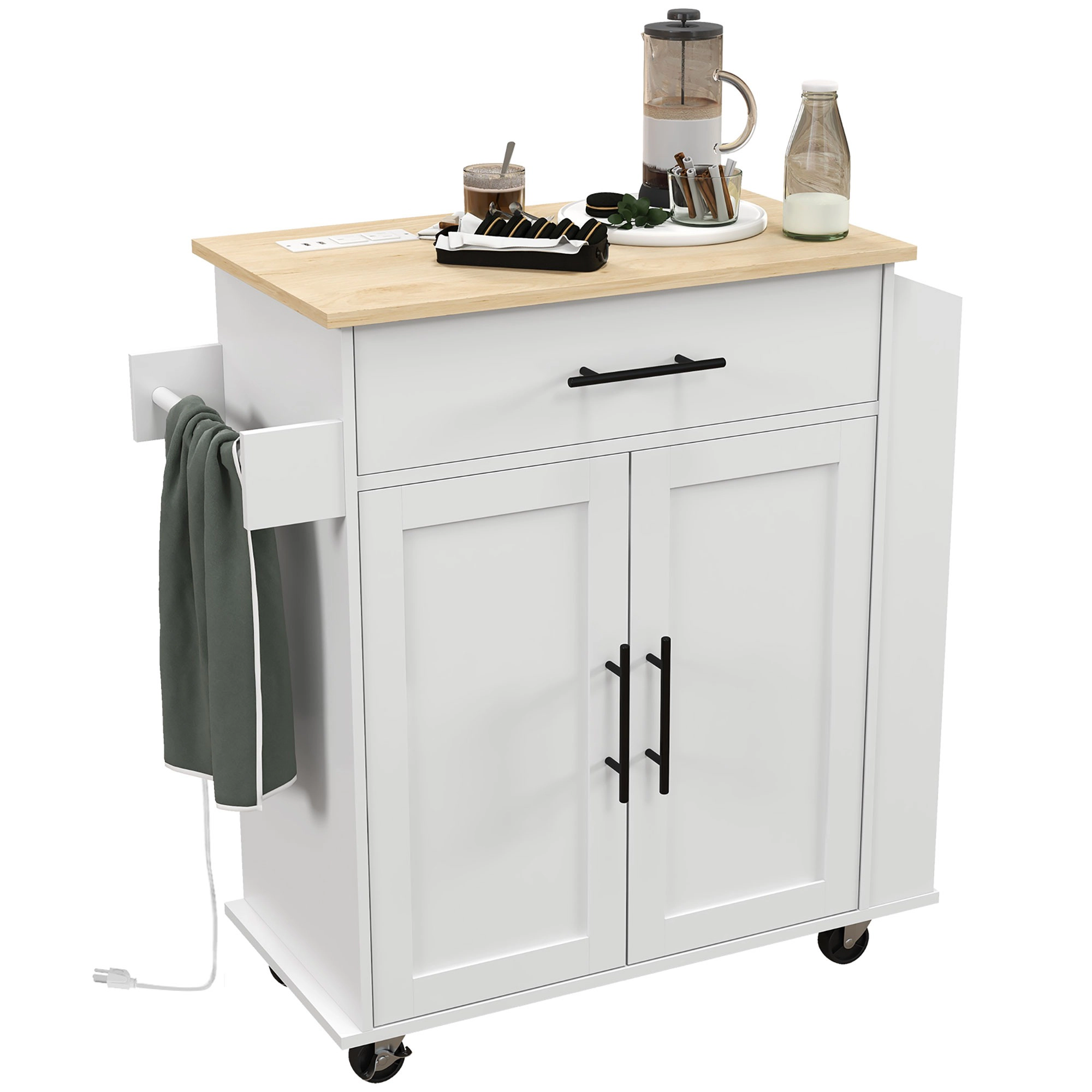 HONGGE White Rolling Kitchen Island Cart on Wheels with Power Outlets, Storage Drawer and Cabinet Doors