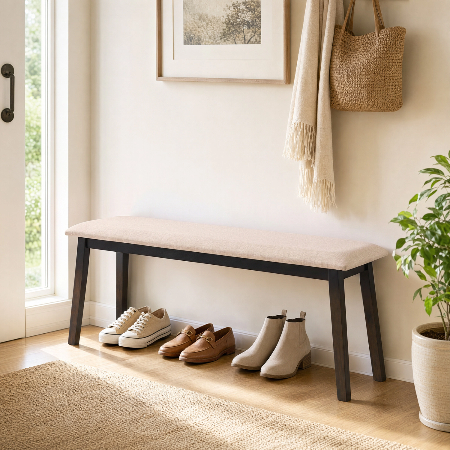 LJG 43.5 Inch Upholstered Entryway Bench with Rubber Wood Frame