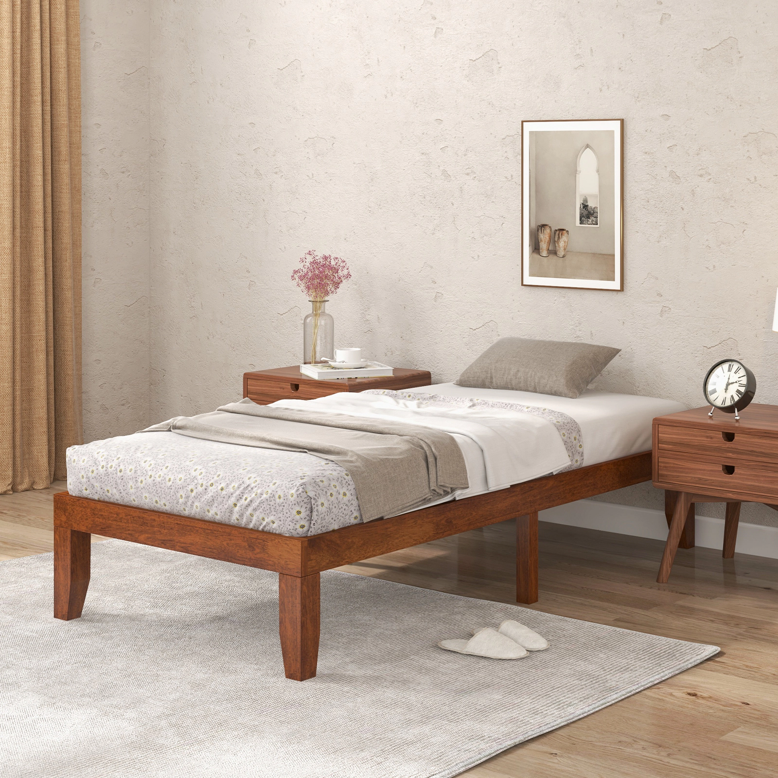 SUGIFT 14-In Twin Rubber Wood Platform Bed Frame Slat Support 250-Lb Capacity 10.5-In Under-Bed Storage Walnut Finish
