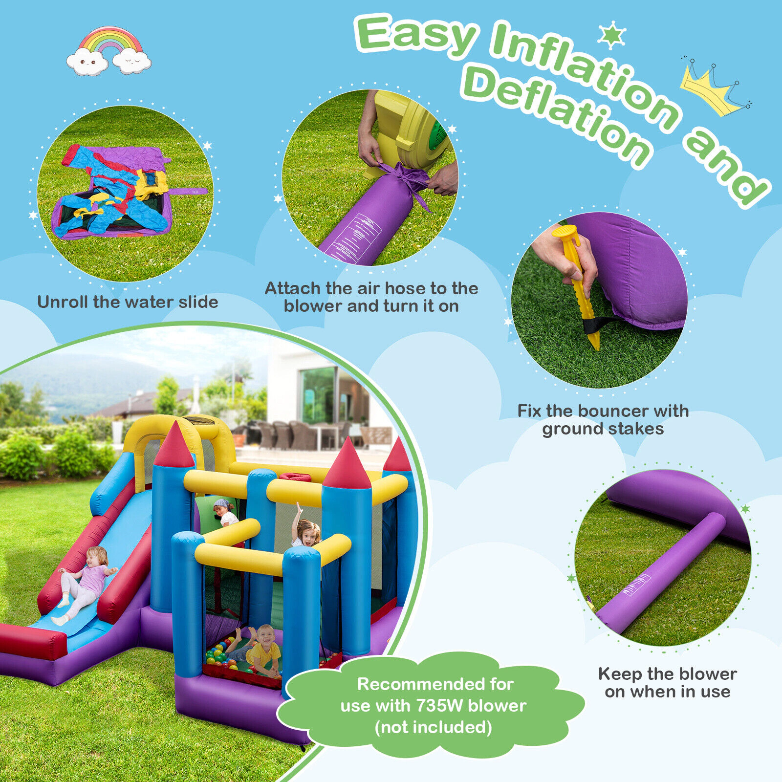 SUGIFT 4-in-1 Inflatable Bounce Castle Long Slide Climbing Wall Basketball Hoop 200-lb Capacity Ages 3-12 Multi-color