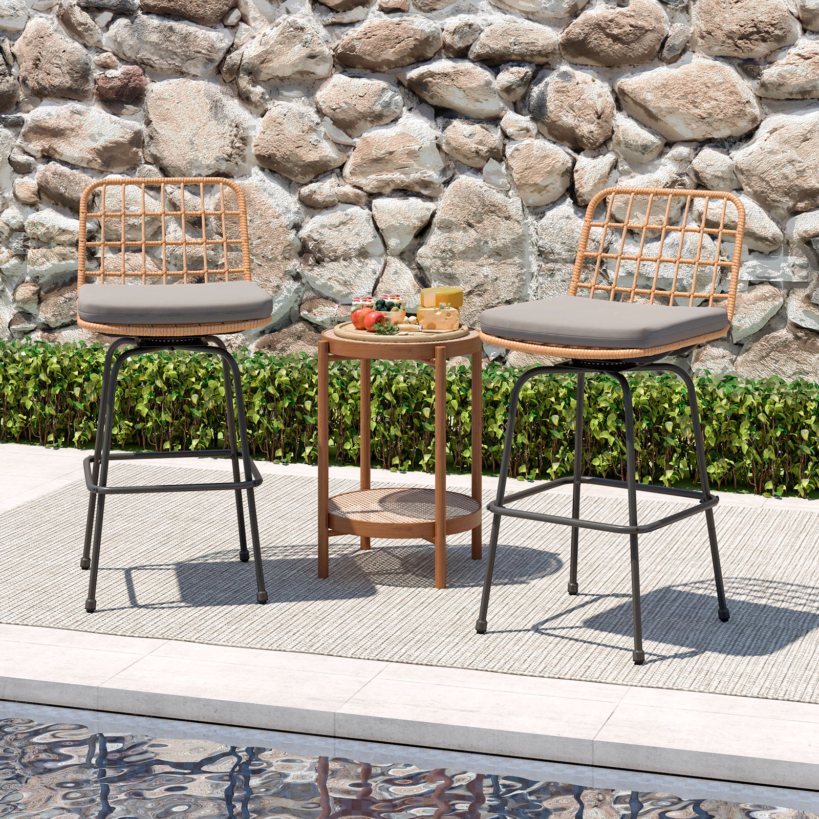 SUGIFT Gray Rattan Back and Soft Seat Cushions Set of 2 Patio Swivel Bar Stool