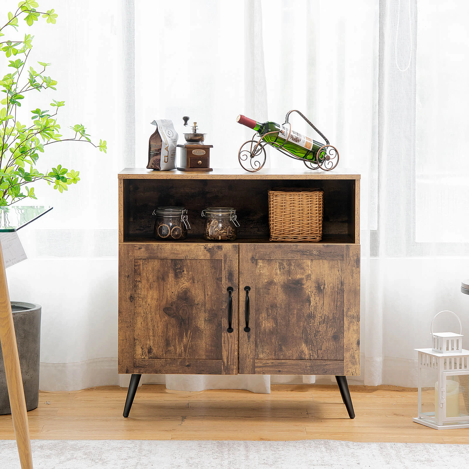Slickblue Sideboard Storage Cabinet with Wine Glass Rack and Open Shelf Organizer