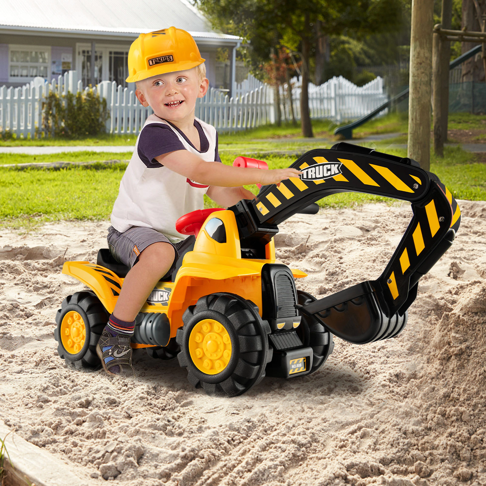 SUGIFT Ride On Push Car Bulldozer Digger Toy with Working Shovel Safety Helmet Ages 3 Years and Up Yellow