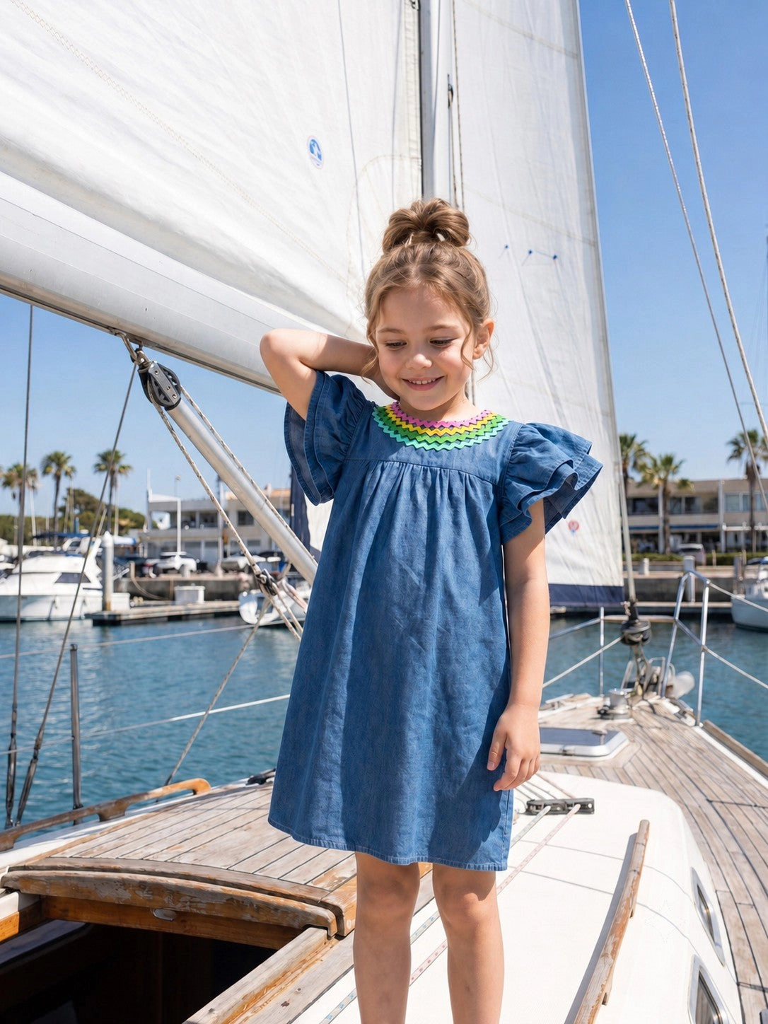 2Bunnies Girls 4T-8Y Rainbow Ric Rac Denim Flutter Sleeve Dress