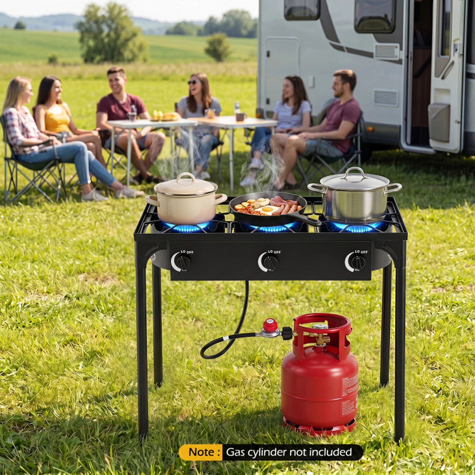 SUGIFT 3-Burner Black Propane Camp Stove with Adjustable Regulator and Hose 240000-BTU 34.5-in W 18-in D 29-in H