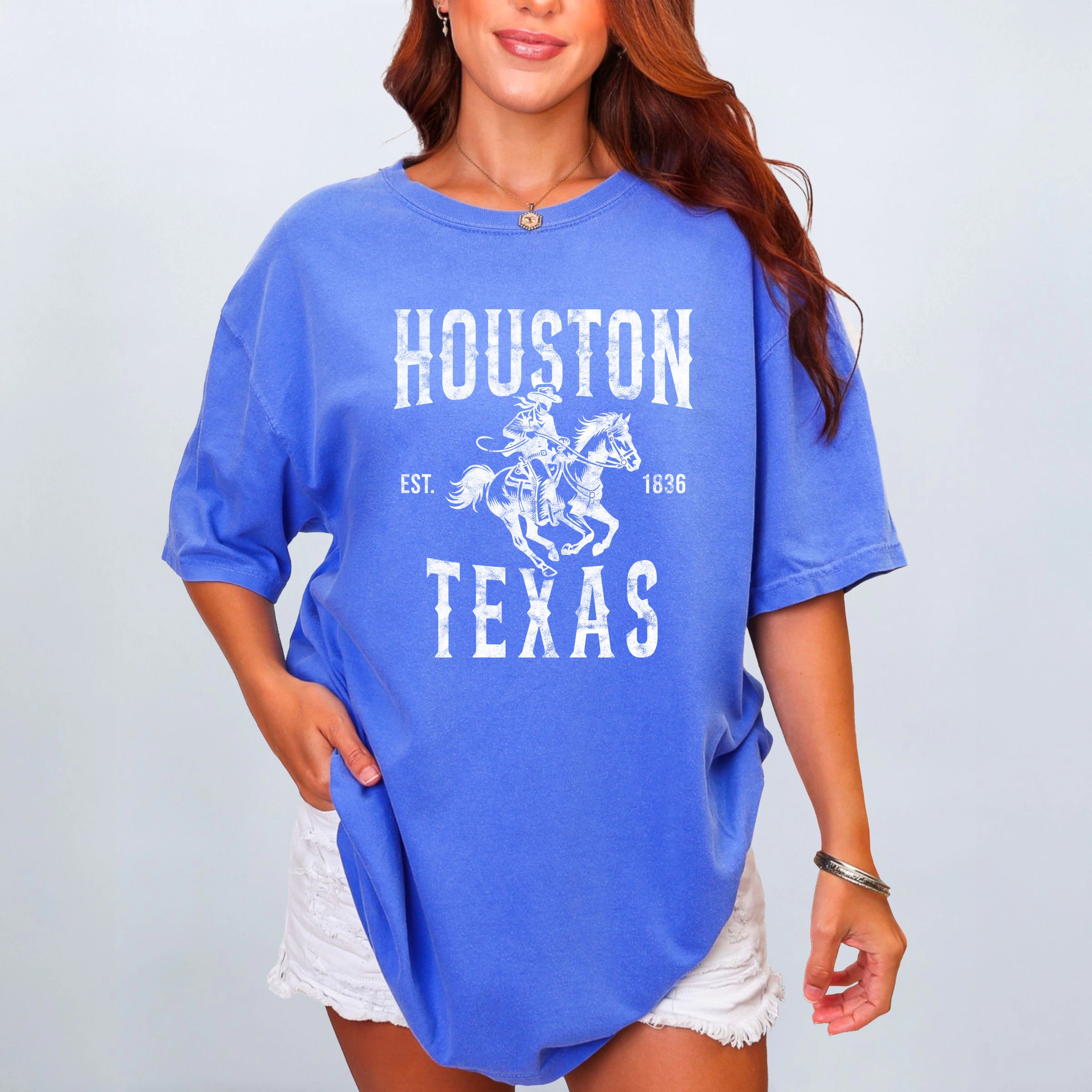 Simply Sage Market - Houston Texas Cowboy Distressed Women's Garment Dyed Graphic T-Shirt