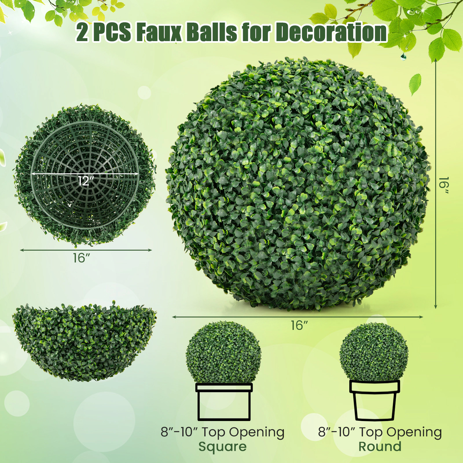 SUGIFT Set of 2 Interlocking Half Shell Artificial Boxwood Topiary Balls 16-in and 20-in Diameter 7-lb Green