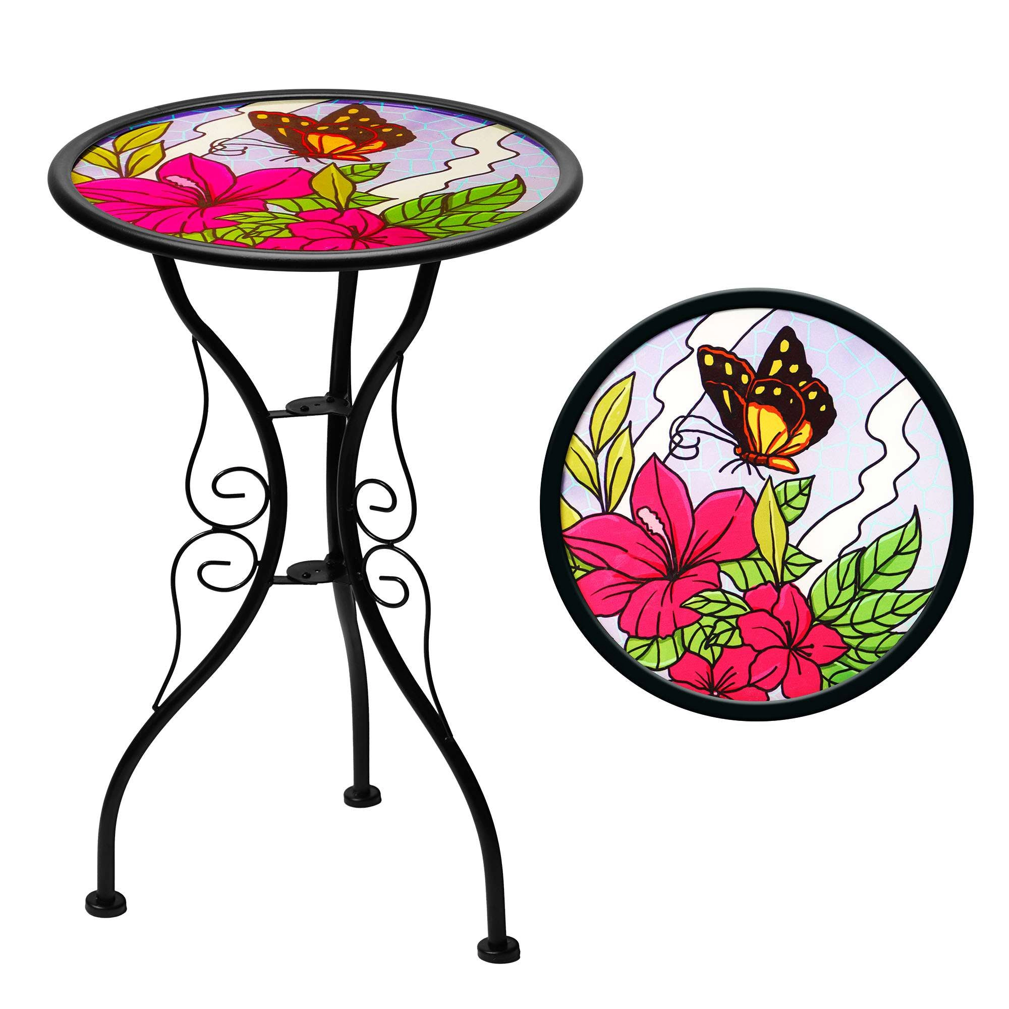 G128 14 in Round Glass Outdoor Side Table Butterfly Floral Pattern, Foldable Metal Patio End Table
