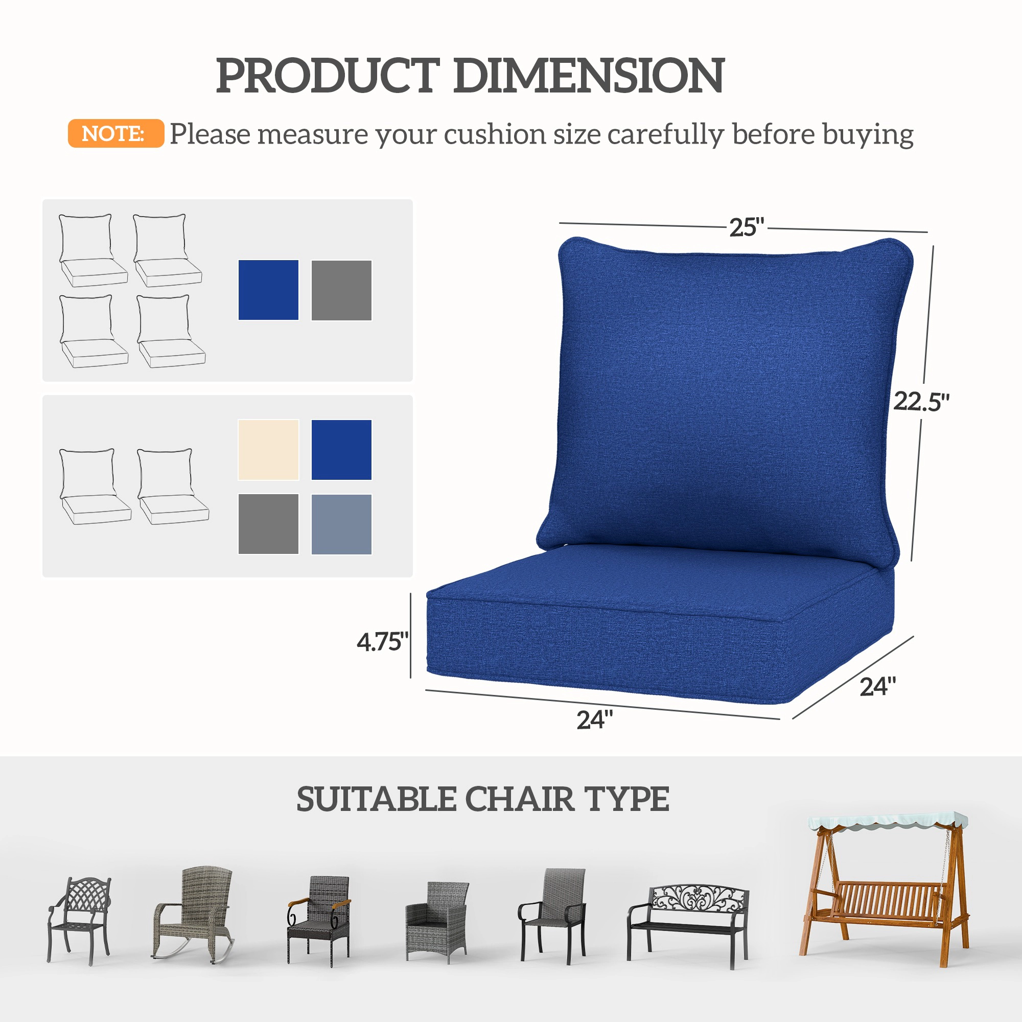 HONGGE Patio Chair Cushions with Seat & Backrest Fade Resistant Seat Replacement Cushion Set