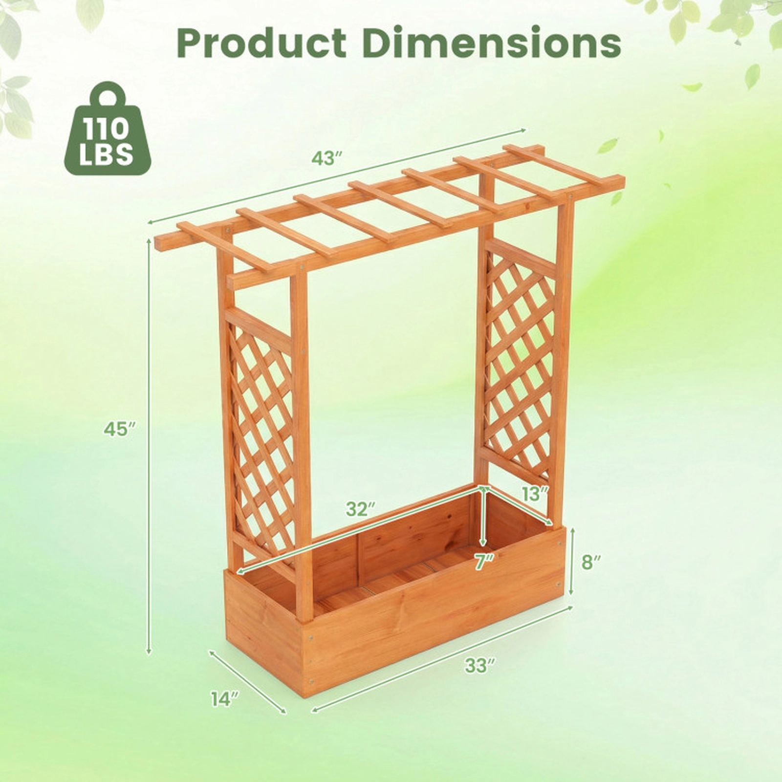 SUGIFT 45-in Tall 110-lb Capacity Fir Wood Raised Garden Bed with Dual Side Trellis and Flat Hanging Roof