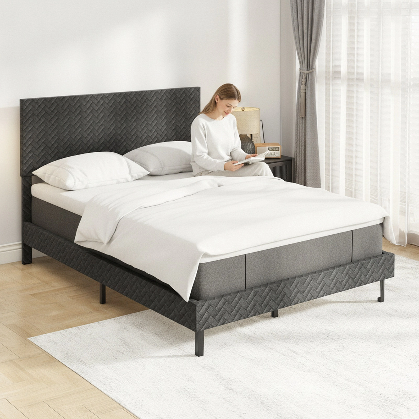 Full Size Velvet Upholstered Platform Bed Frame with Height Adjustable Chevron Headboard 10 Wood Slats Gray