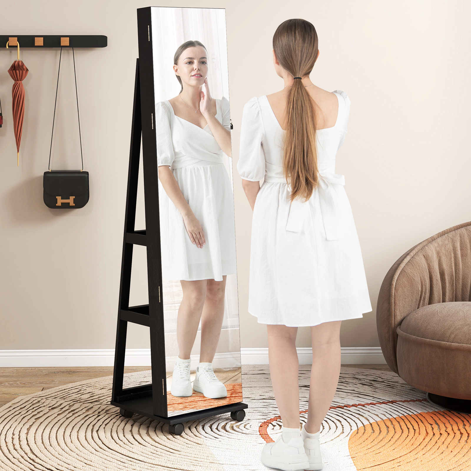 SUGIFT 64 Jewelry Armoire Lockable Cabinet with Built-in Makeup Mirror and Storage Shelves