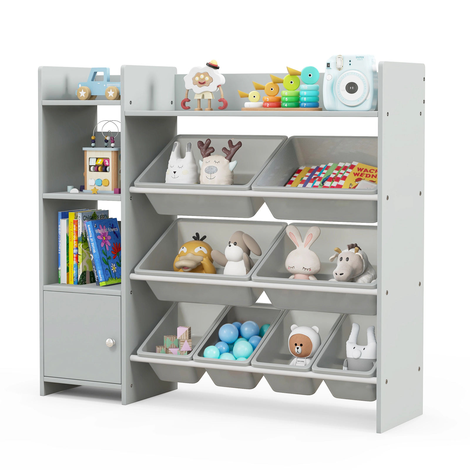 SUGIFT 4-Tier Kids Bookshelf and Toy Storage Rack with Cabinet 265-lb Total Capacity 8 Removable Bins 44.5-in Frame Gray
