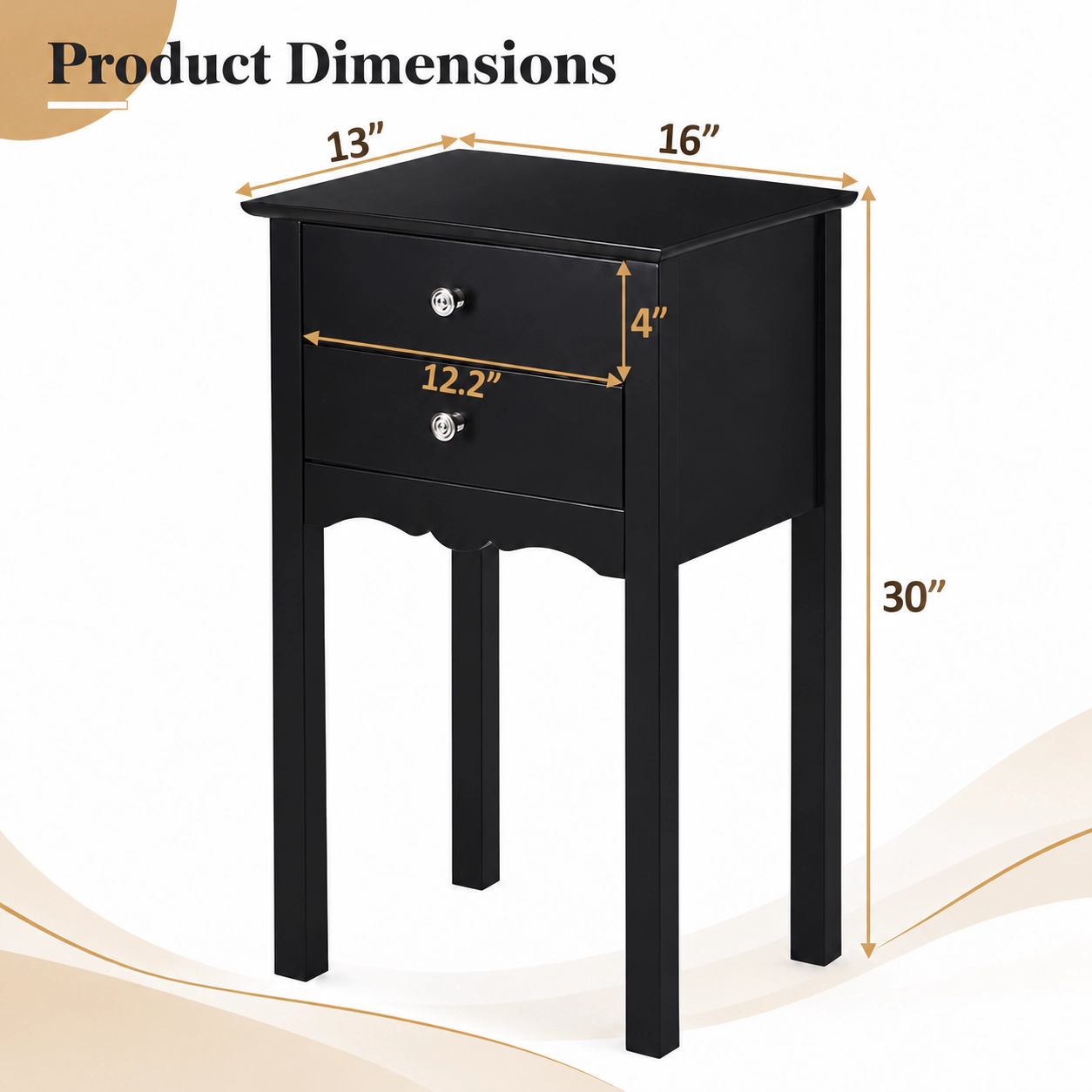 SUGIFT Black Side End Table with 2 Drawers and Tall Tapered Legs for Bedroom