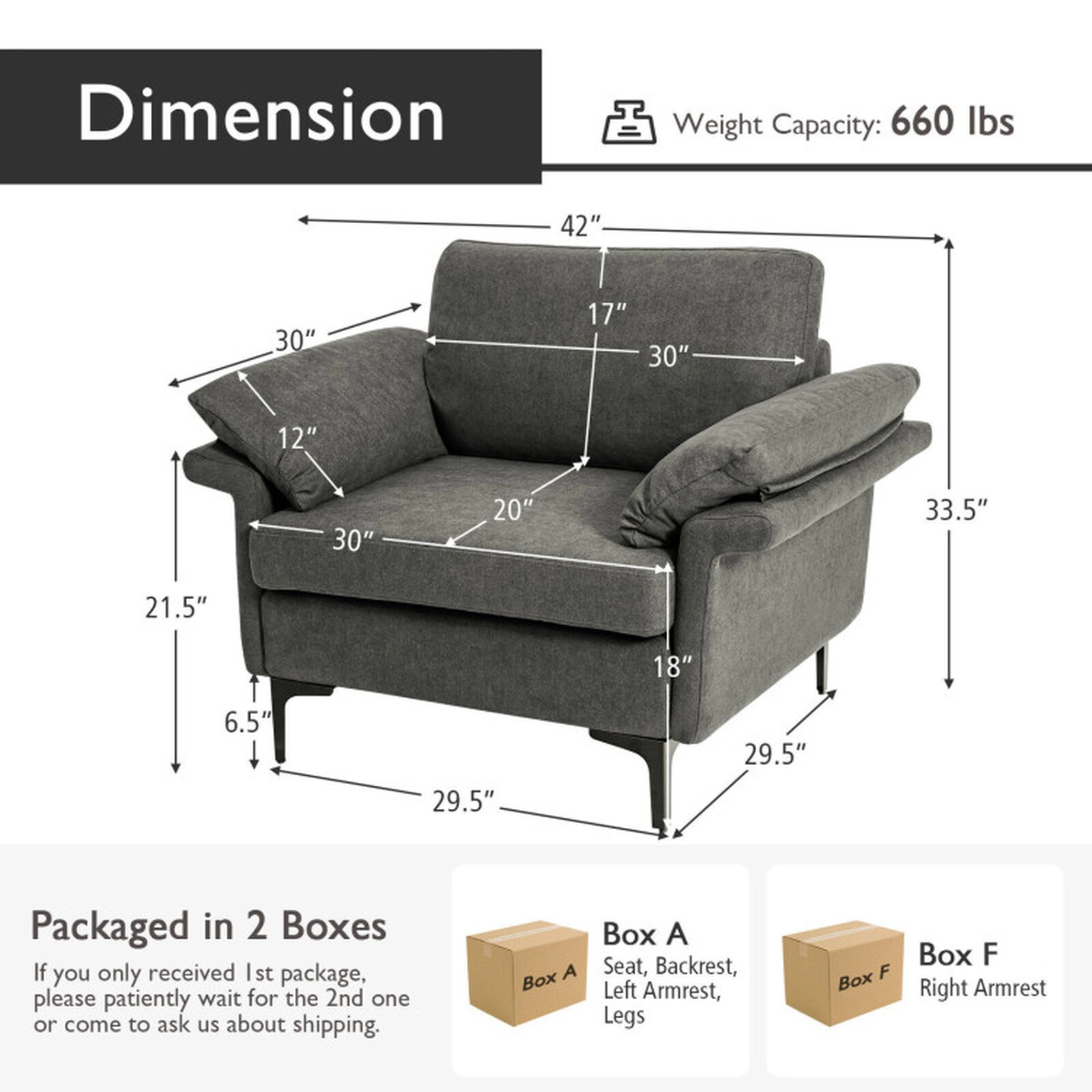 SUGIFT Modern Fabric Accent Armchair Single Sofa with Distributed Spring System 660-Lb Capacity Gray