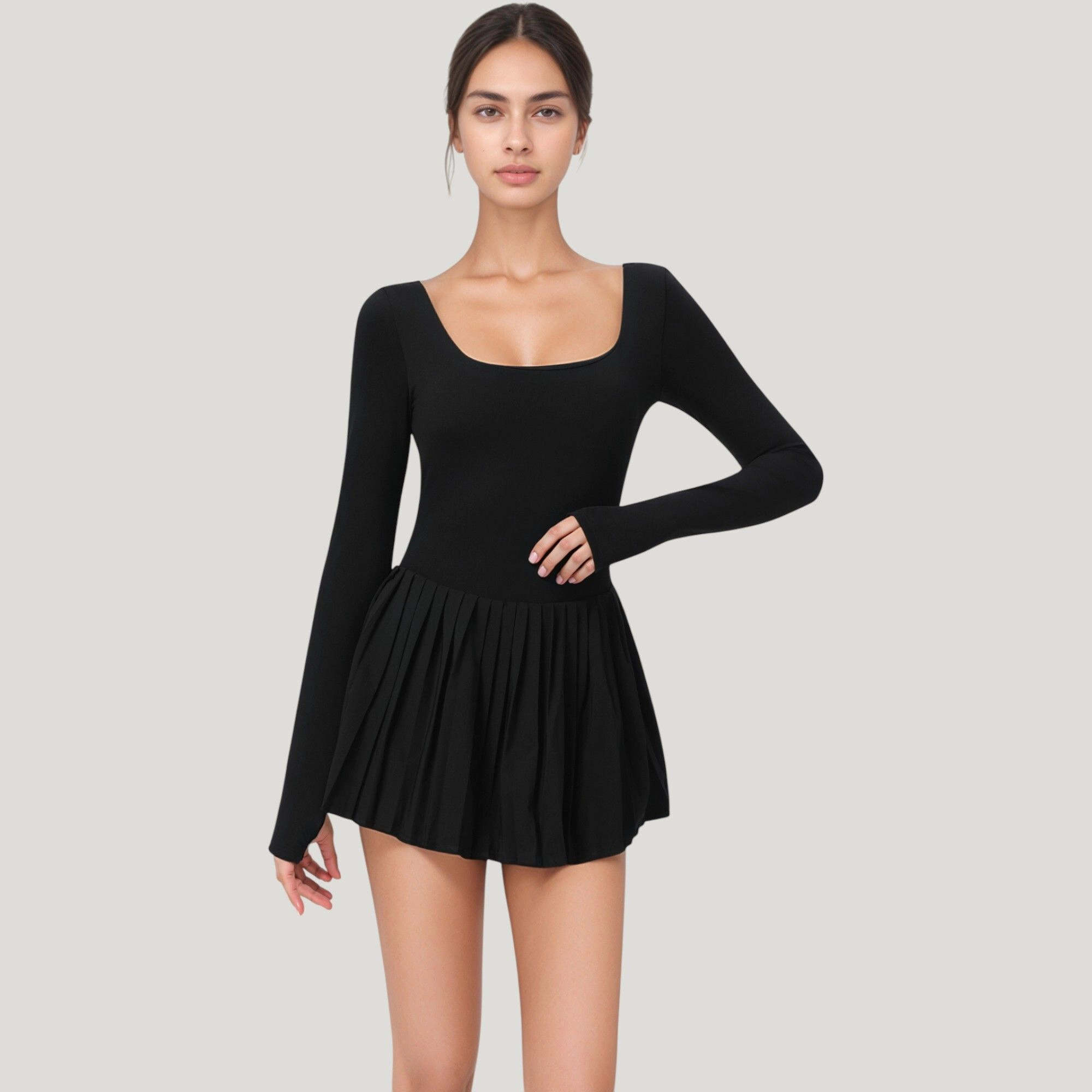 Anna-Kaci Women's Long Sleeve Pleated Skirt Active Dress with Scoop Neckline