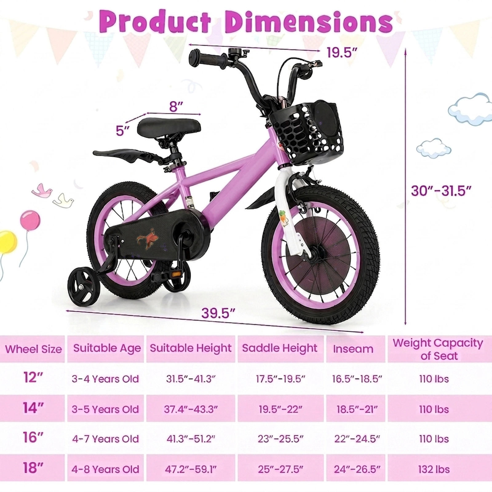 SUGIFT 14-Inch Purple Kids Bike with Basket, Fenders and Removable Training Wheels