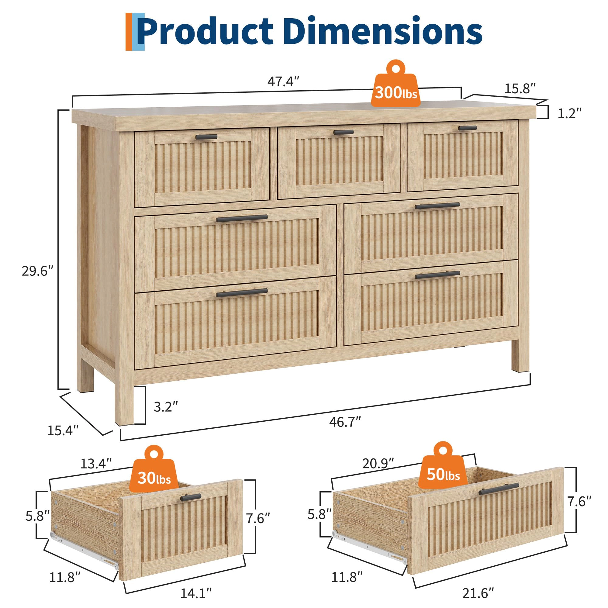 BebreezChic Fluted 7-Drawer Wide Dresser, 47.4"W×15.8"D×29.6"H, Engineered Wood Bedroom Chest, Wood Color