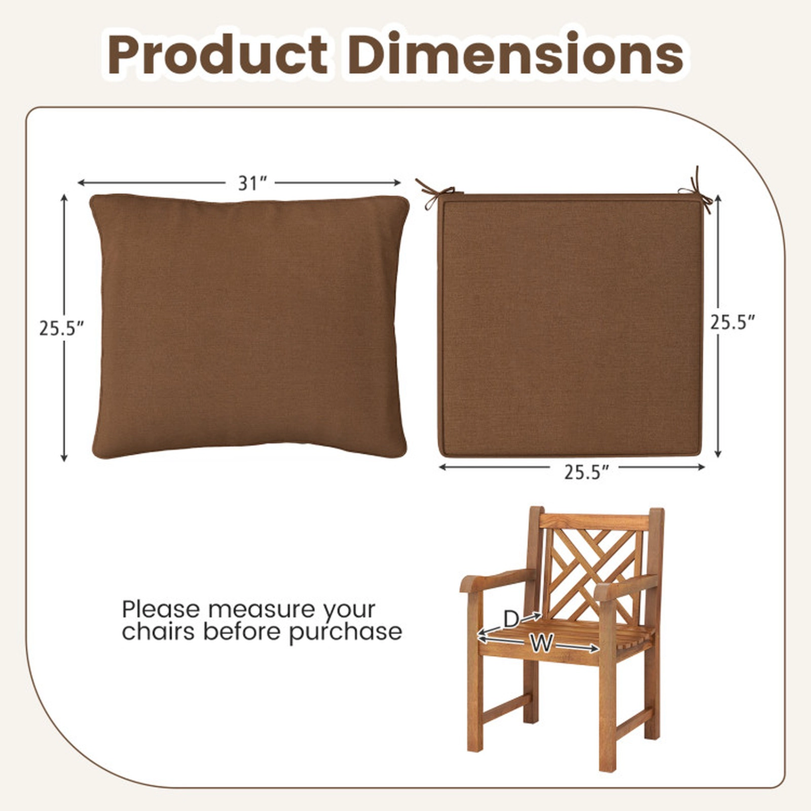 SUGIFT Deep Seat Chair Cushion Pads Set with Rope Belts for Indoor and Outdoor Brown