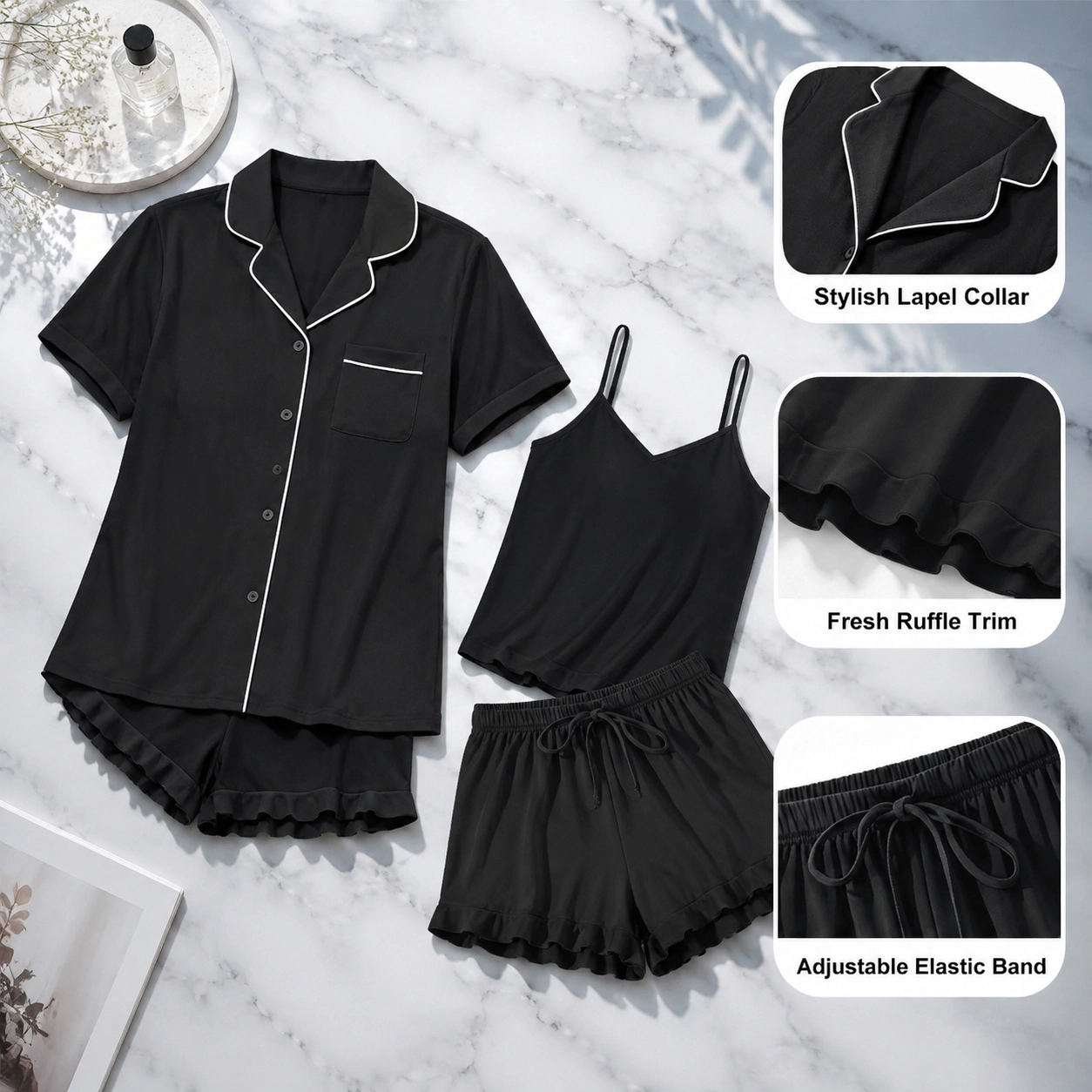 WZK Womens 4-Piece Soft Ruffle Shorts Cami Top Loungewear Pajama Set