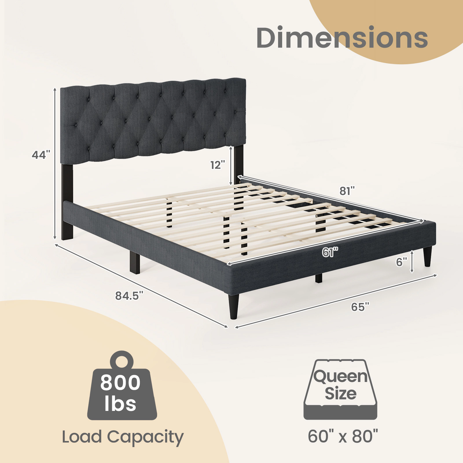 SUGIFT Upholstered Platform Bed Frame with Tufted 44-in Headboard 800-lb Capacity Gray Queen Size