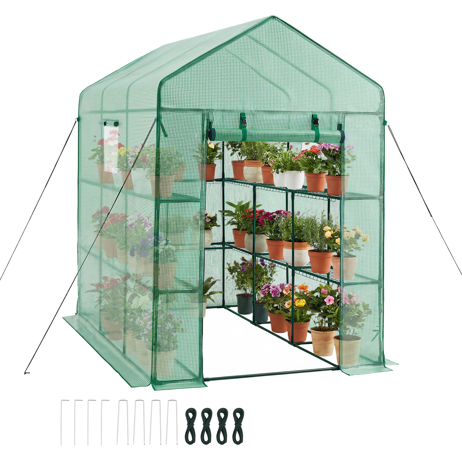 HONGGE Walk-in Green House Greenhouse with Shelves High Strength PE Cover with Zipper Door and Steel Frame Assembly in