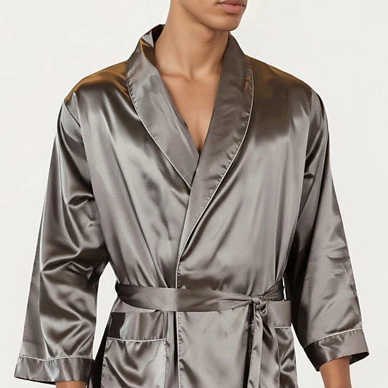 Anna-Kaci Men's Satin Robe with Shawl Collar Waist Tie and Front Pockets