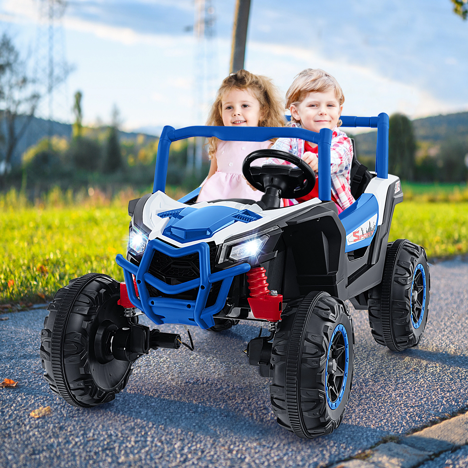24V 2-Seater Kids Ride On UTV 3-Point Safety Belts Lockable Doors 2.4G Parent Remote Spring Suspension Ages 3+ Navy