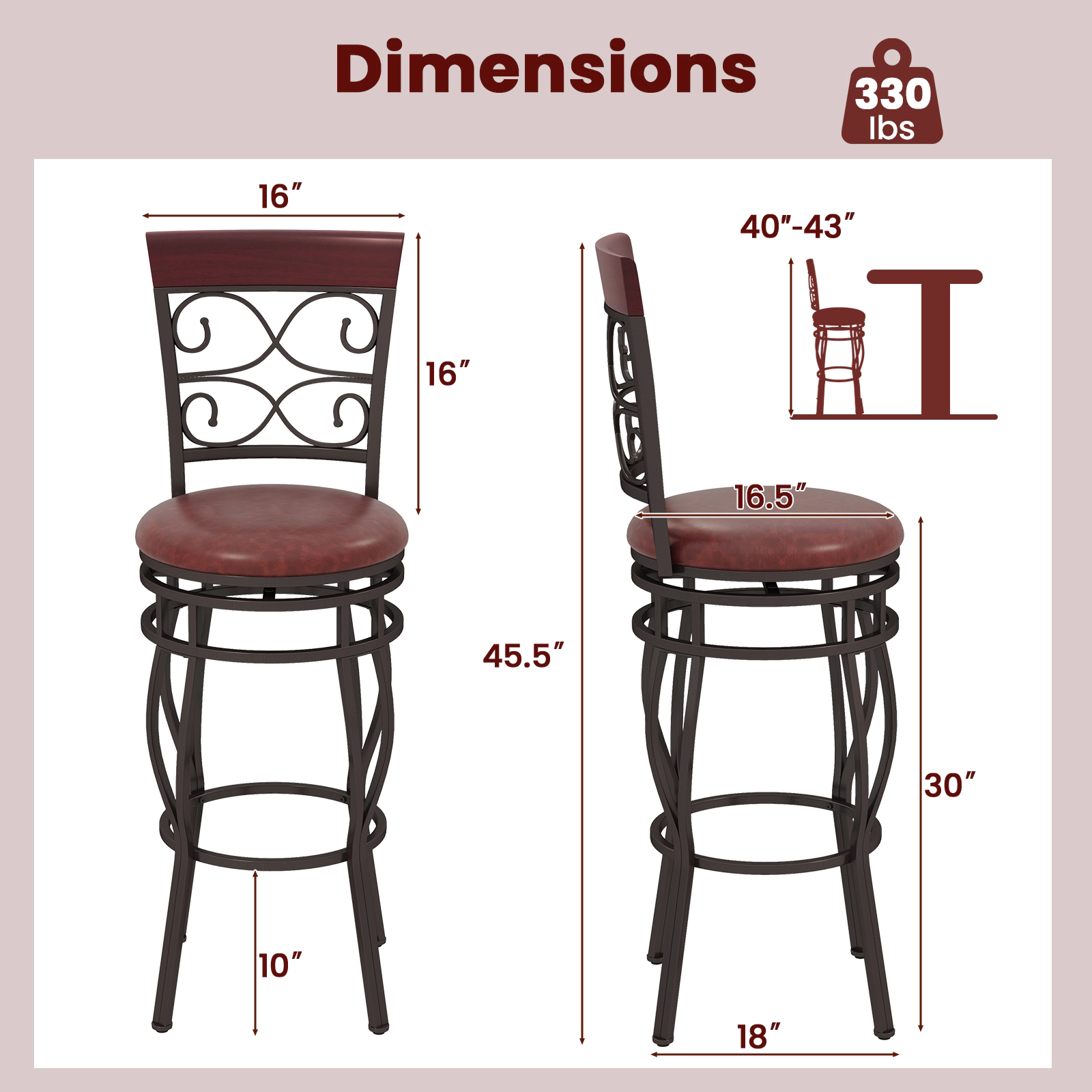 SUGIFT 2-Piece 30-in 360-Degree Swivel Bar Stools with Leather Padded Seat 300-lb Capacity Brown