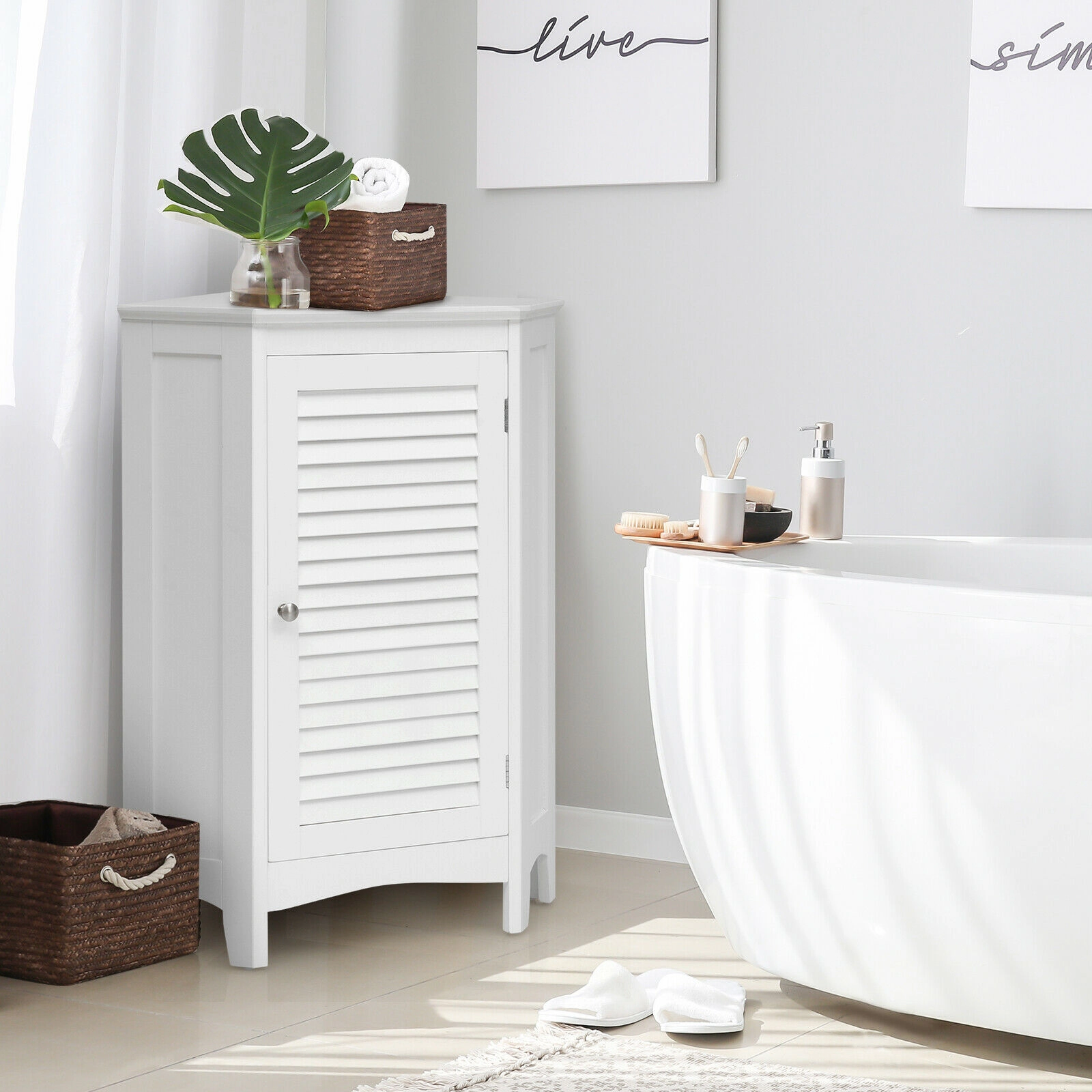SUGIFT White 40-lb Per Shelf Triangular Corner Freestanding Bathroom Storage Cabinet with Shutter Door