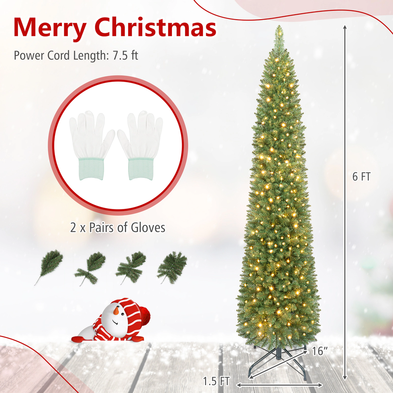 Costway 7 FT Pre-Lit Pencil Christmas Tree with 200 LED Lights & 499 Branch Tips Party