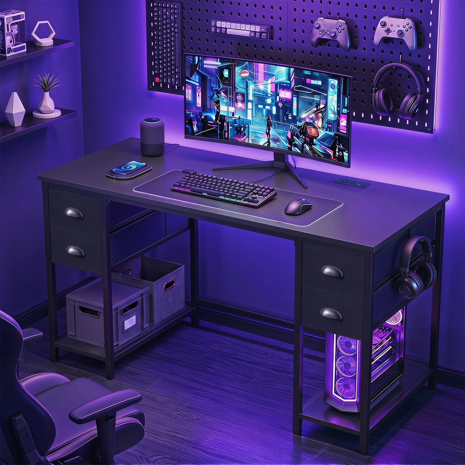 LJG 48 Inches Computer Desk with Power Outlet Home Office 4 Fabric Drawers