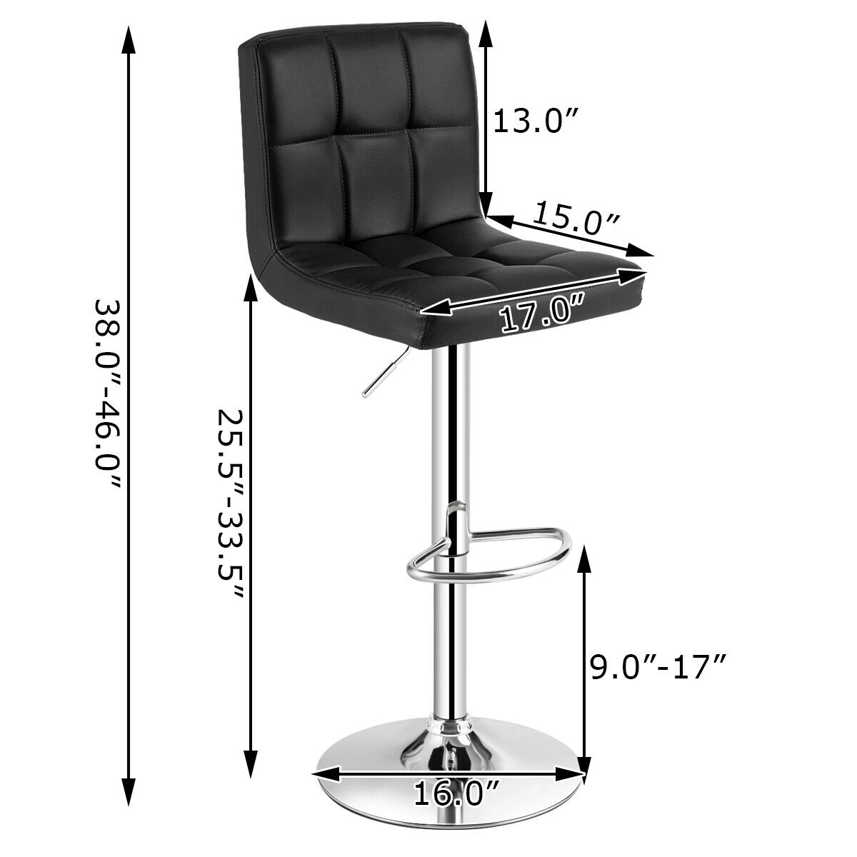 SUGIFT PU Leather Back and Footrest Set of 2 Square Swivel Adjustable Bar Stools