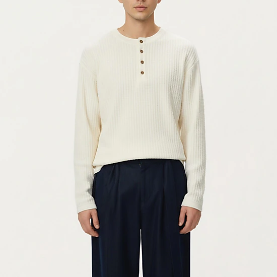 Anna-Kaci Men's Long Sleeve Ribbed Knit Henley Pullover with Button Placket and Relaxed Fit