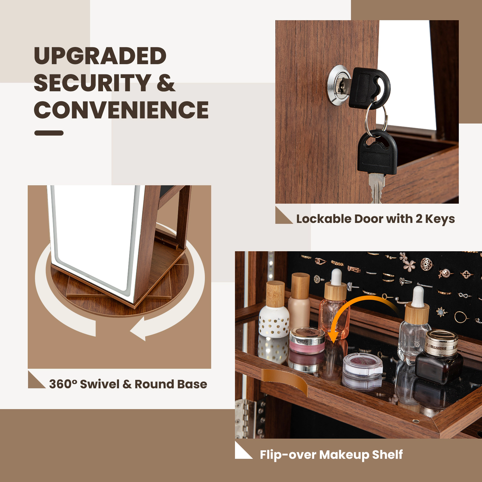 SUGIFT Brown 4-in-1 Rotating Standing Jewelry Armoire Vanity Desk Mirror with Foldable Makeup Shelf