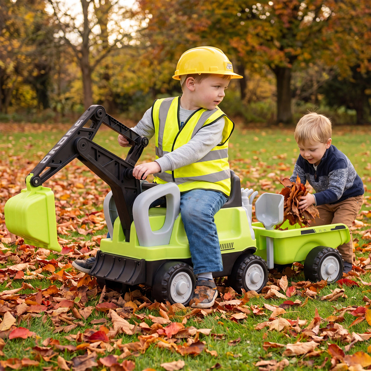 LJG 2-In-1 Kids Ride on Tractor with Digging Arm and Detachable Trailer