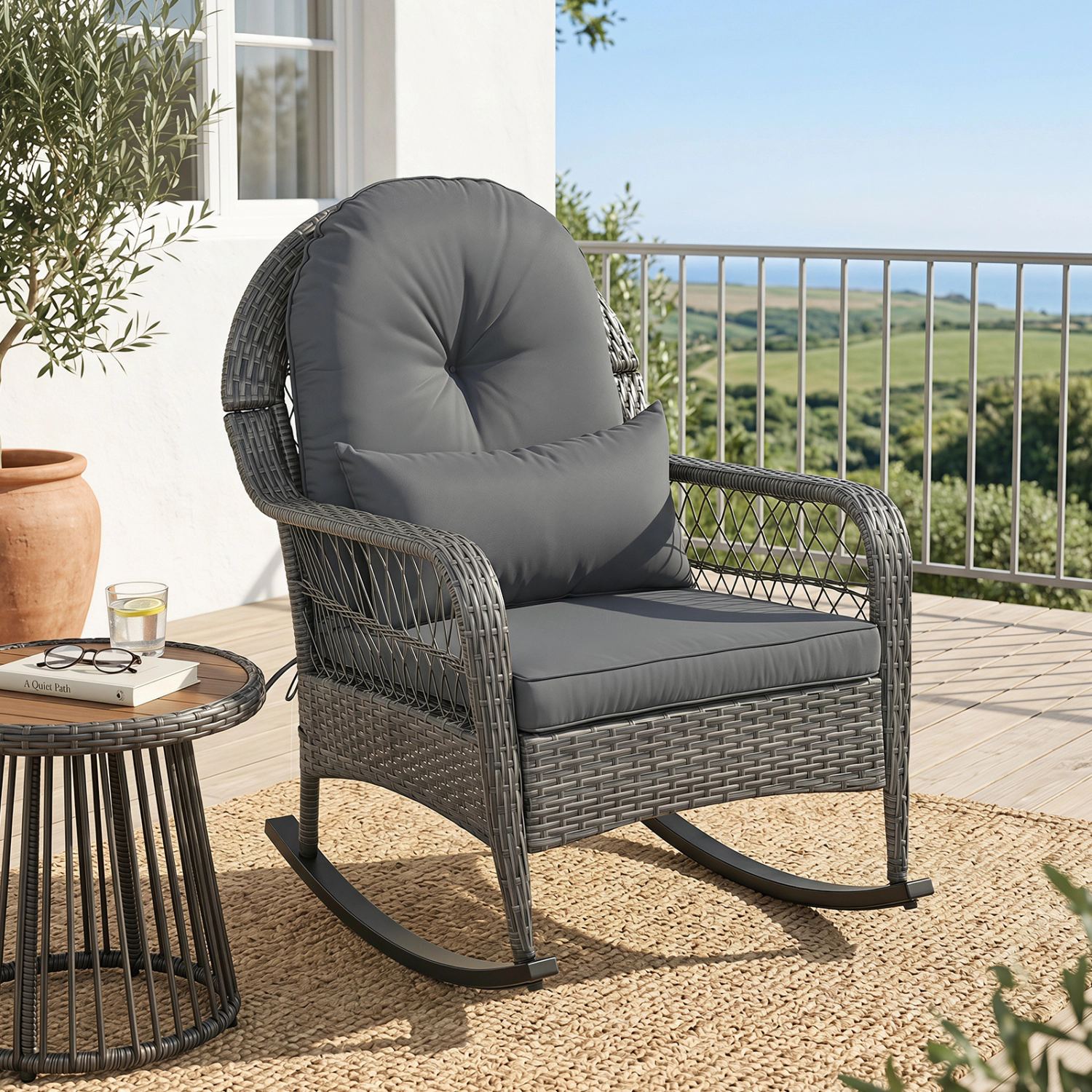 LJG 400 LBS Patio Rattan Rocker Chair with Anti-Tip Stoppers and Thick Cushions for Porch