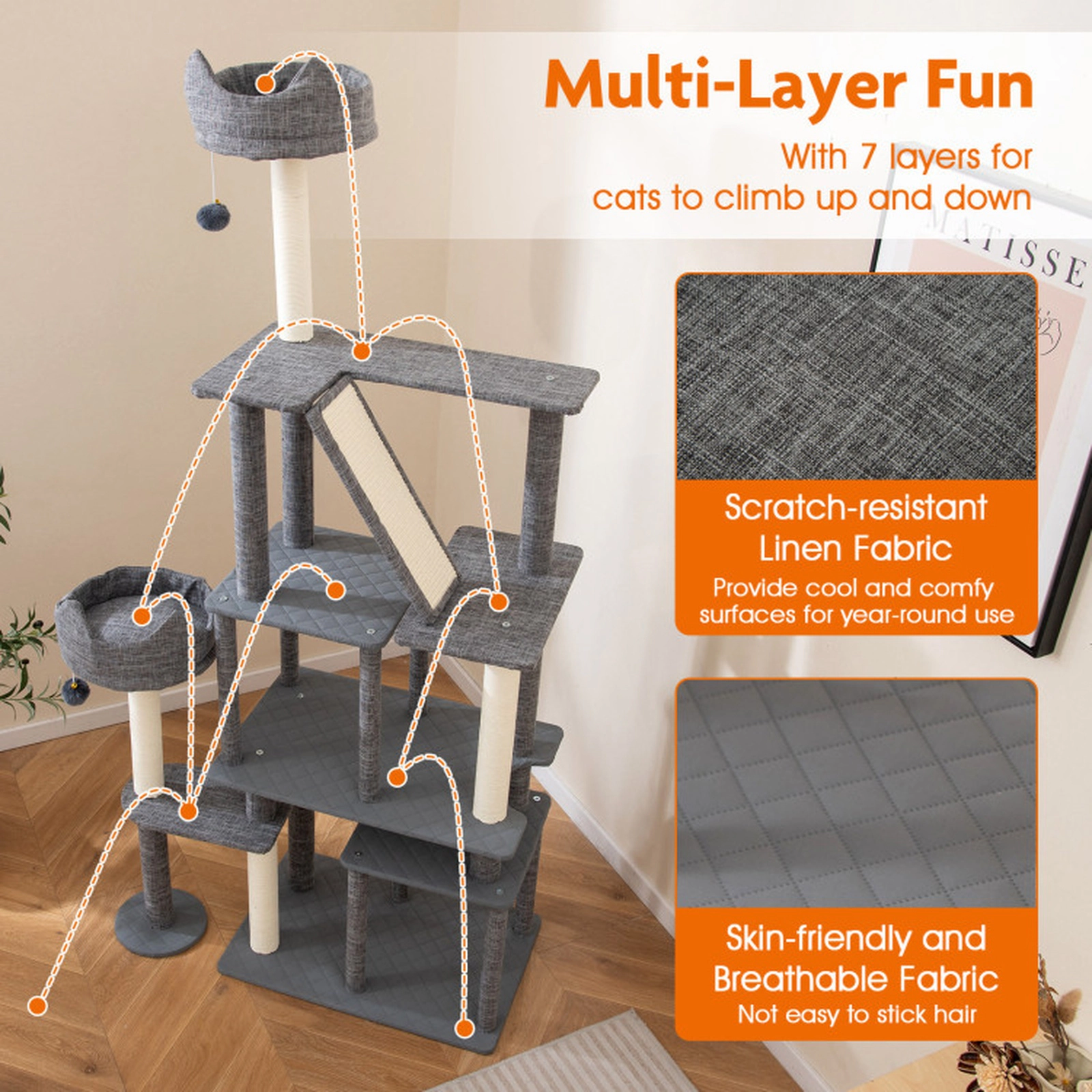 SUGIFT Gray 71 in Tall Multi-Level Cat Tower with 2 Condos and Side Cat Bed