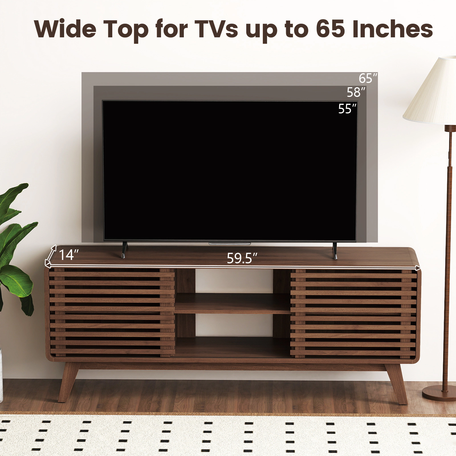 Glintex 59.5-Inch TV Stand with Sliding Doors and 3 Adjustable Shelves, Walnut
