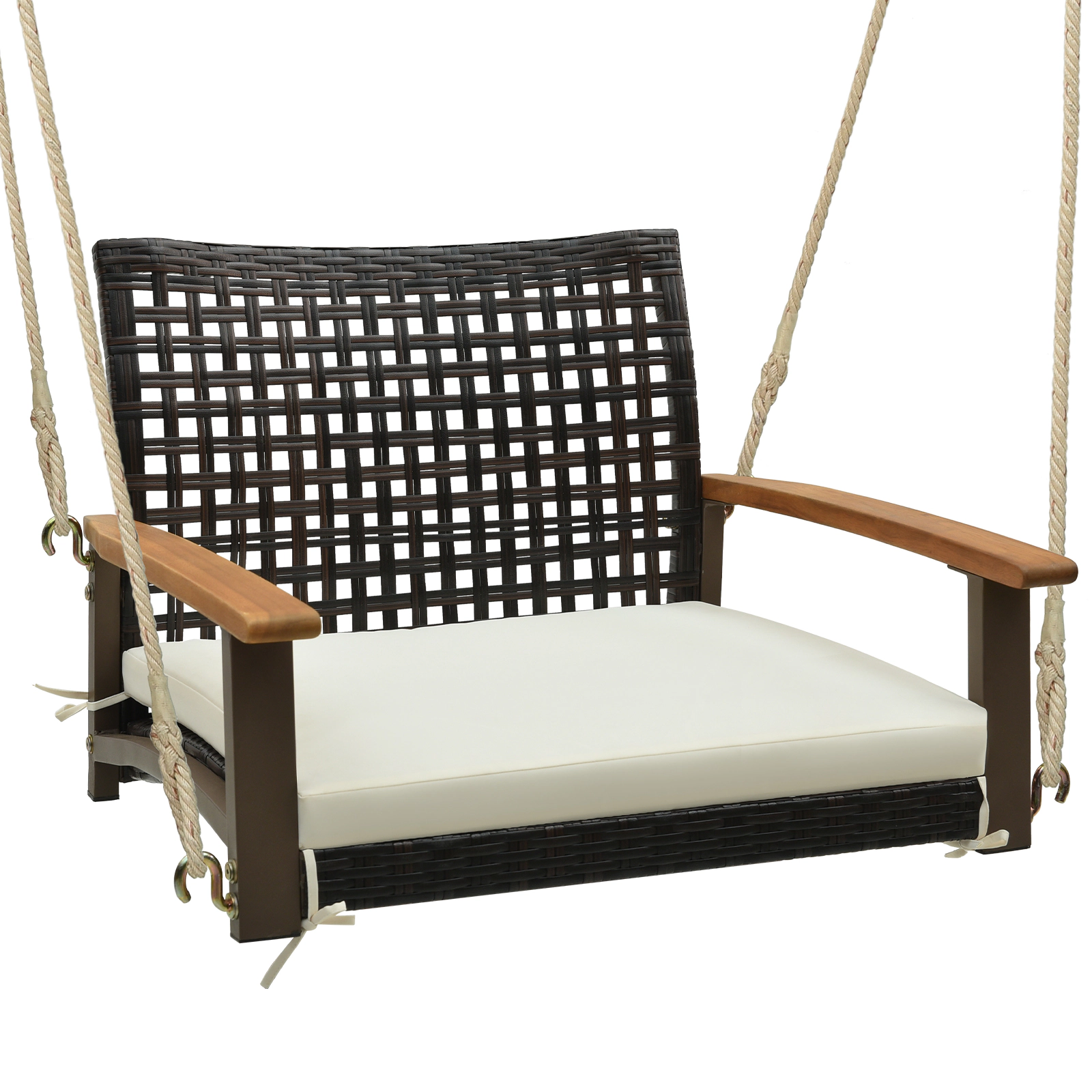 LJG Single Rattan Porch Swing with Armrests Cushion and Hanging Ropes