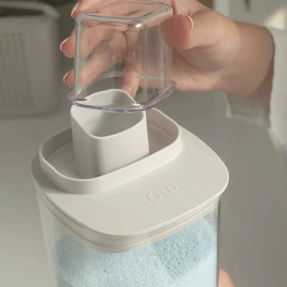 OU 50oz Liquid Soap & Laundry Detergent Dispenser, Clear Airtight Dispenser w/ Measuring Cap for Fabric Softener