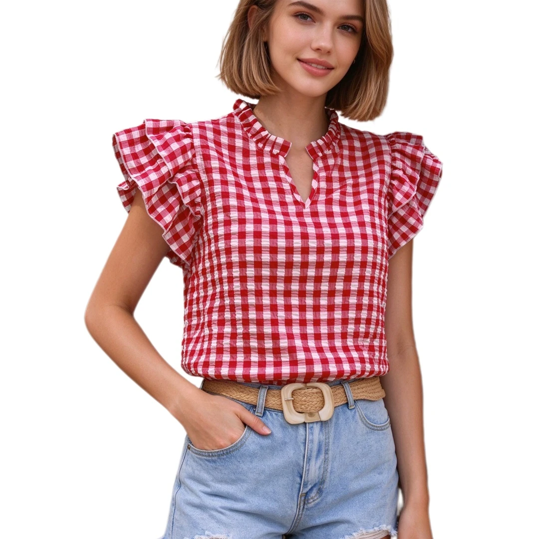 Coolmee Women's Summer Double Ruffle Plaid Short Sleeve Blouse Top